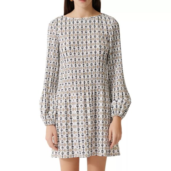 Maje Rockina Pleated Shift Dress - White with Black & Gold - Size S - Picture 1 of 5